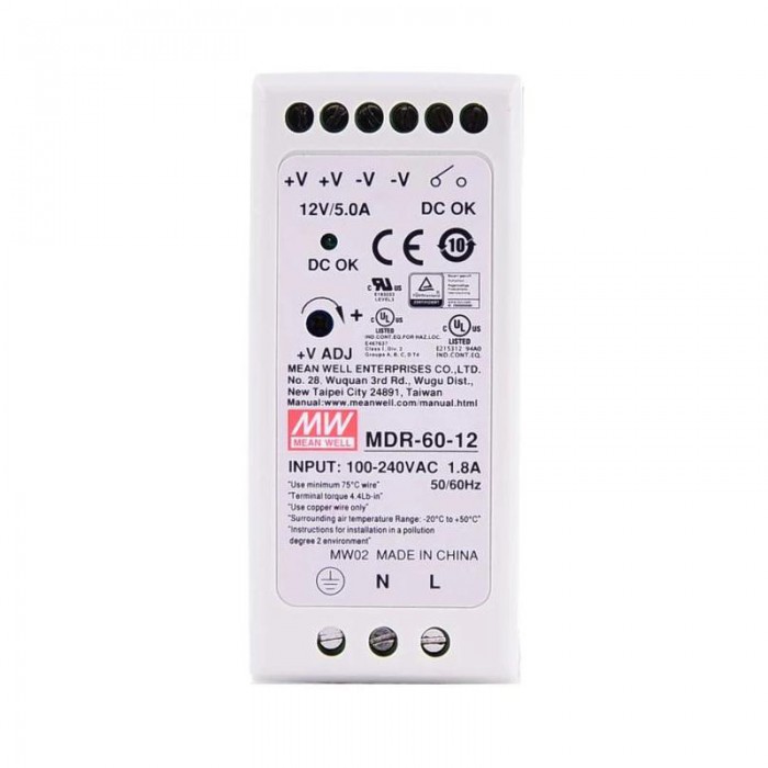 Meanwell MDR-60-12 Alimentatore CNC 60W 12VCC 5A 115/230VCA Alimentatore su guida DIN